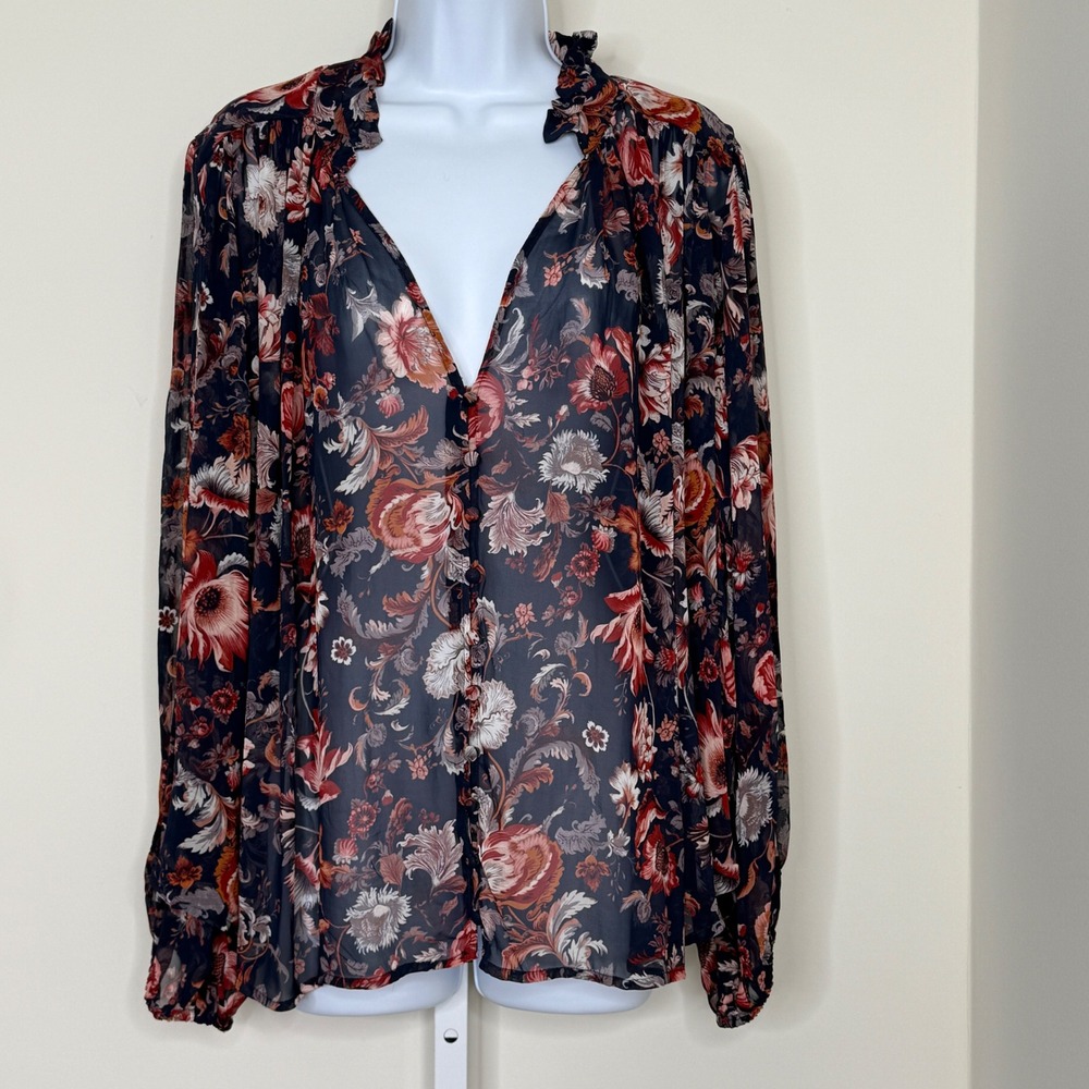 Anthropologie Floral Sheer Blouse - Navy and Red